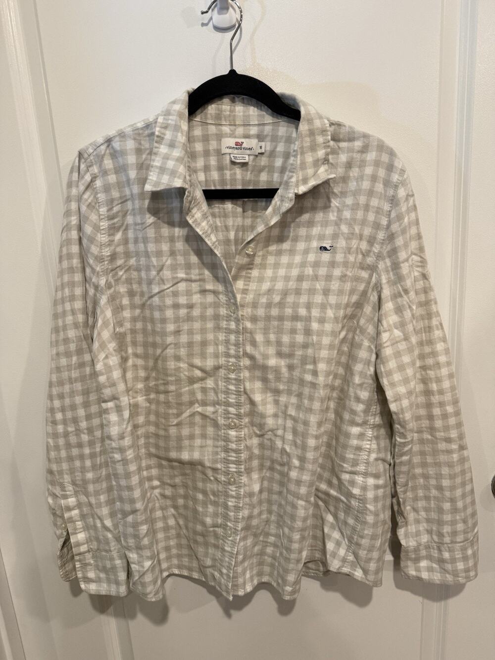 Women’s Vineyard Vines Gray White Gingham Flannel Long Sleeve Button Down Sz 16